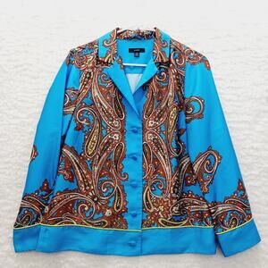 Jacket Blouse Covered Buttons Blue Paisley Whimsycore Chic Button-Up Size XS